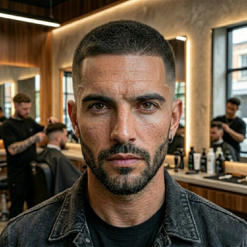 Short brush cut hairstyle with clean masculine styling