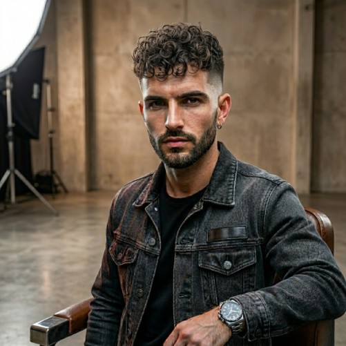 Short curly crop hairstyle with natural curls and taper fade