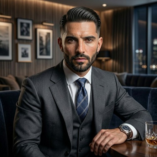 Short slick back hairstyle with polished modern styling