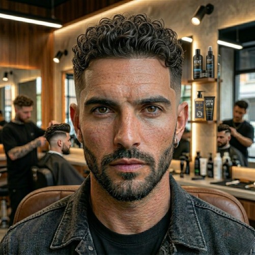 Temple fade haircut with sharp edges and textured top hair