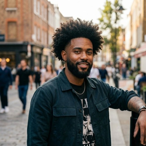 Afro burst fade with full natural textured top and crisp curved fade around the ear