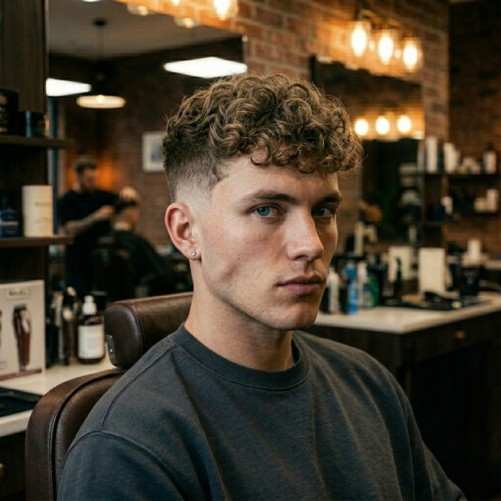 Burst fade on curly hair with defined curls on top and clean faded sides