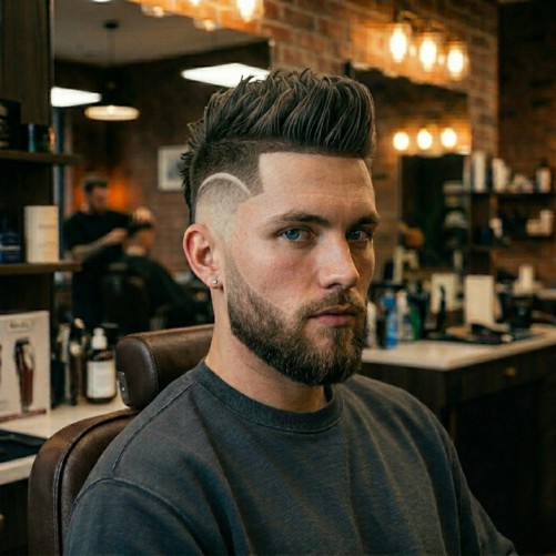 Burst fade mohawk with a longer center strip and sharp curved fade around the ears