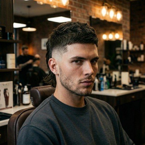 Burst fade mullet with faded sides and longer layered hair at the back, rear and side view
