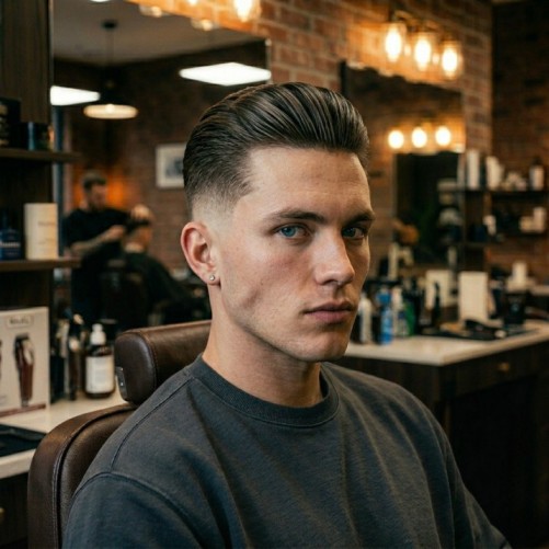 Burst fade haircut on straight hair with sleek comb-over and smooth fade around the ear
