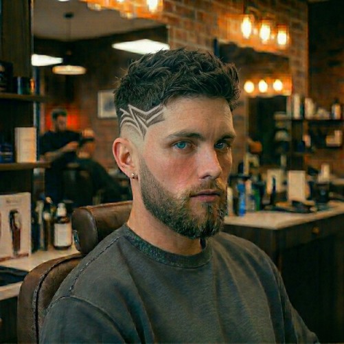 Burst fade haircut with shaved line design near the temple, close-up side view