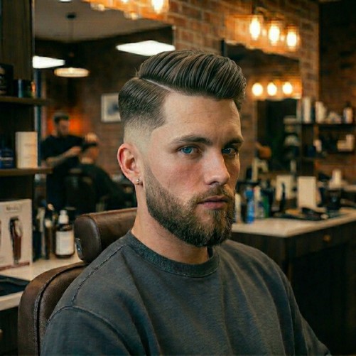 Comb over with burst fade, professional hairstyle with sharp part and clean fade