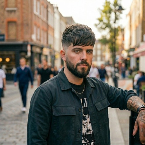 Fringe burst fade haircut with side-swept fringe and neat curved fade