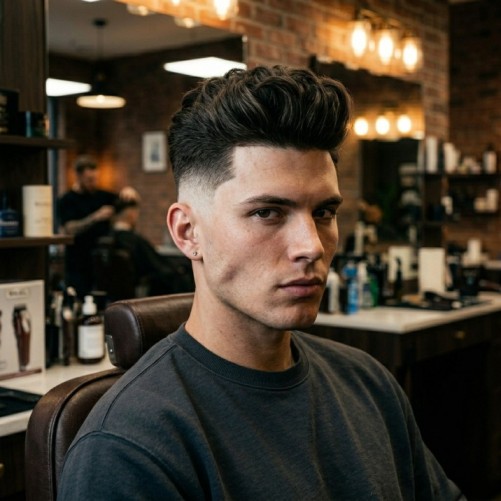 High burst fade haircut with strong contrast between short faded sides and thick voluminous top