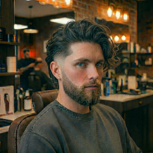 Long hair burst fade with length on top worn loose and clean faded sides