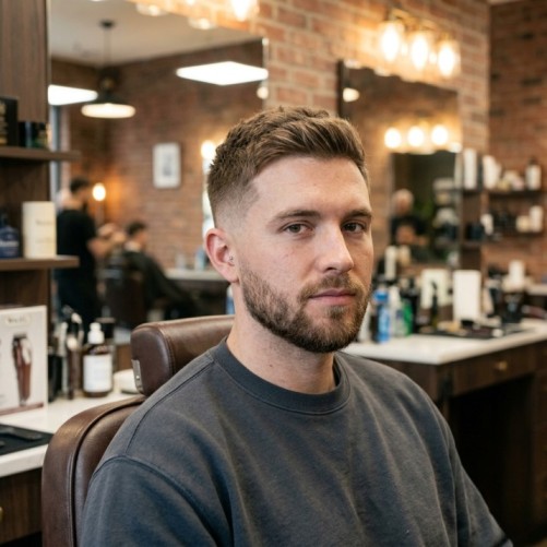 Man with a low burst fade haircut and neat side part, side view showing the curved fade behind the ear