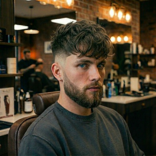 Messy fringe with burst fade, relaxed choppy fringe over the forehead and tidy sides