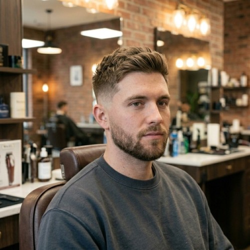 Mid burst fade haircut with textured crop on top, curved fade starting at the temple