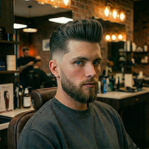 Pompadour with burst fade showing lifted front volume and sharp faded sides