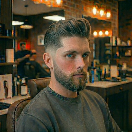 Quiff burst fade haircut with lifted textured front and neat faded sides