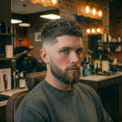 Short crop with burst fade, low-maintenance textured top and clean curved sides