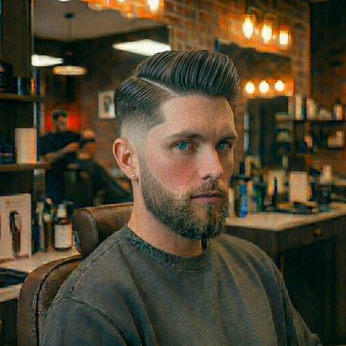 Side part burst fade haircut with classic part line and modern curved fade