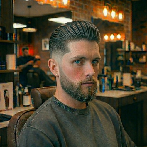 Slick back burst fade haircut with polished swept-back hair and sharp fade