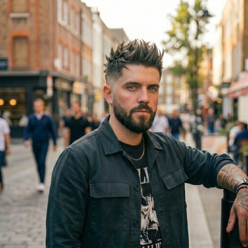 Spiky hair burst fade with upward styled spikes and clean fade around the ears