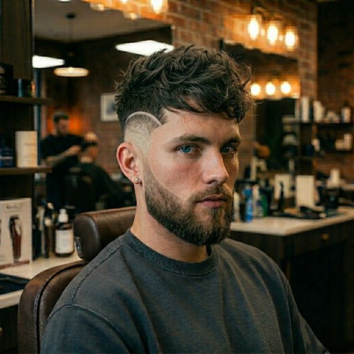 Textured top burst fade haircut with messy volume on top and neat faded sides