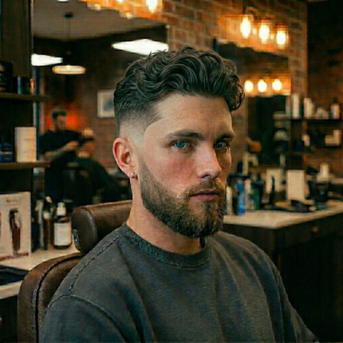 Wavy hair burst fade with natural waves on top and structured faded sides